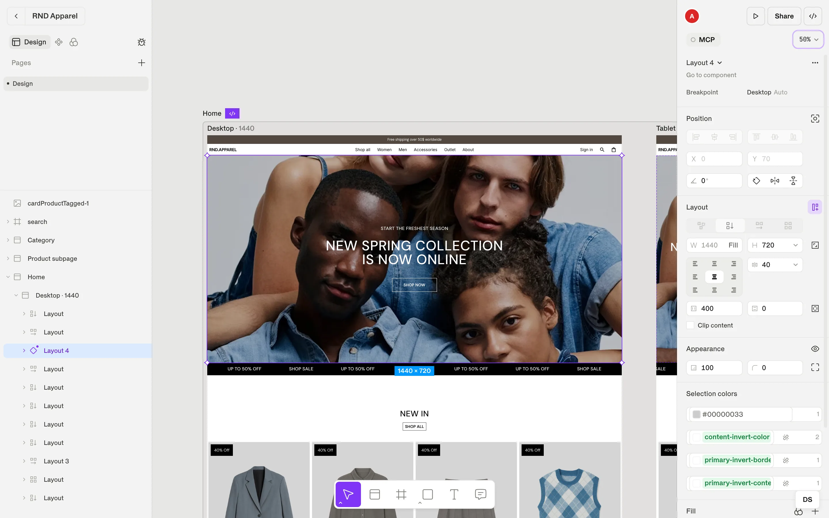 The Shippp editor with an online store open: the Home screen hero is selected, layers are on the left and the inspector on the right.